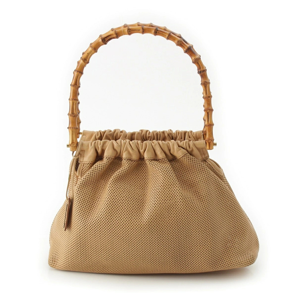 Gucci Bamboo Handle Perforated Leather Bucket Handbag Pouch Clutch Beige Cream